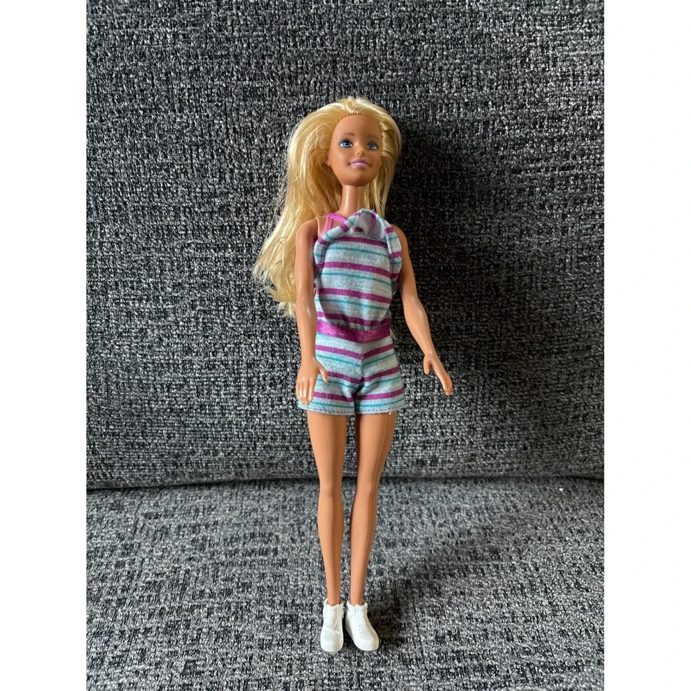 Mattel Barbie Doll 2016 Blonde Blue Eyes Striped Romper White Sneakers GHW52